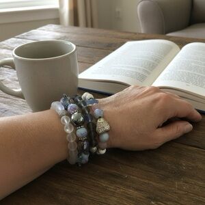 Blue Ocean Fish Shell Bracelets 4 Stack Amethyst Silver Plated Moonstone Glass